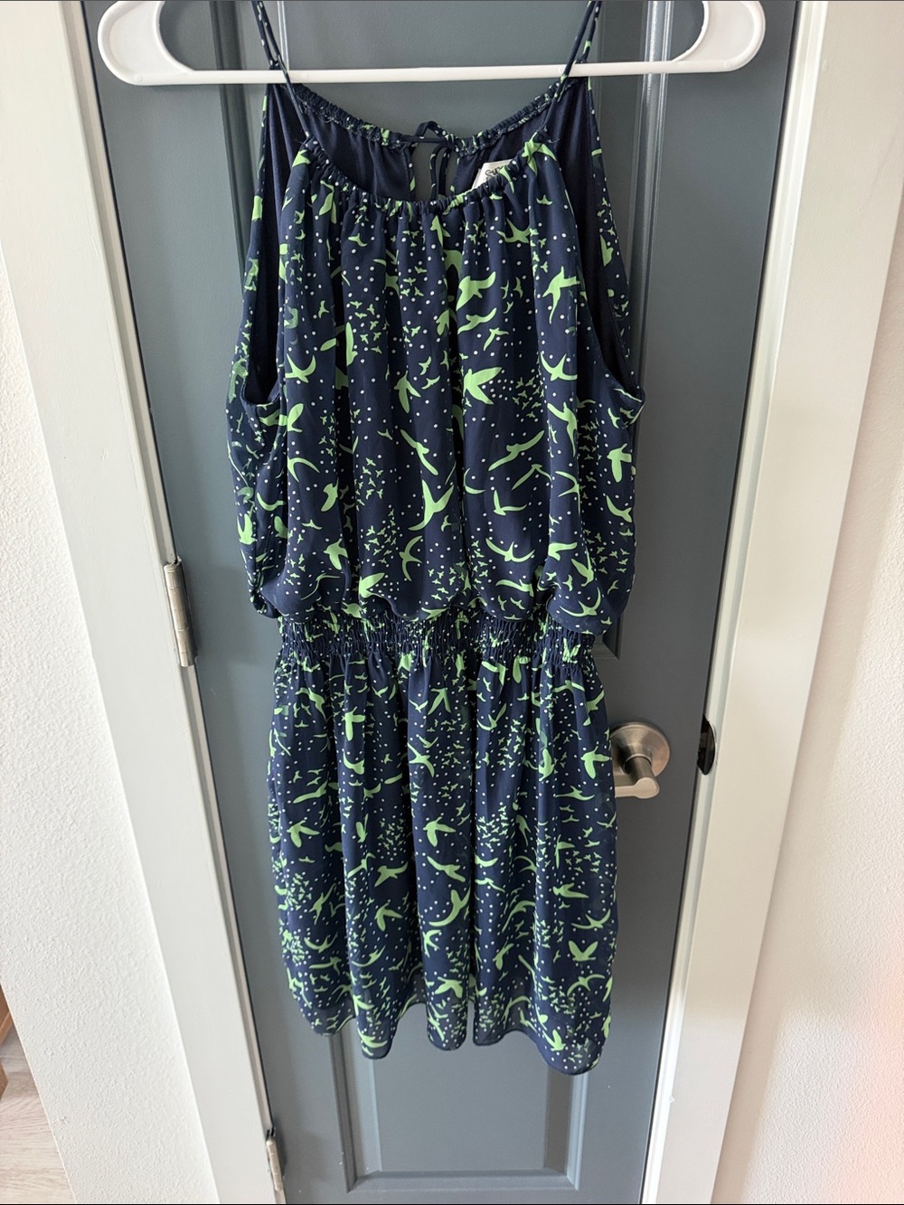 Sweet Storm Navy Dress with Lime Bird Print